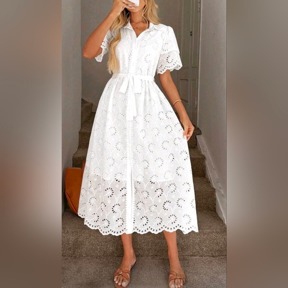 New Embroidered Eyelet Lace Tie Waist Midi Dress Short Sleeve White - Picture 8 of 11
